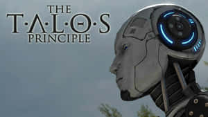 一個機械頭部，帶有發光的藍色眼睛，在陰天的天空下，顯示「The Talos Principle」標題。