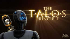 一個機械人在「The Talos Principle」標題前拿著一個發光的六邊形。