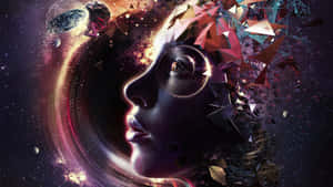 一個女人的側面被宇宙粒子和漂浮在太空中的行星包圍。