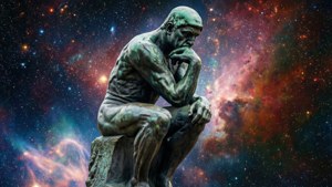 青銅沉思者雕像在色彩繽紛的星雲中沉思。
