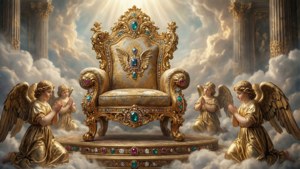 金色天使在雲端和古老柱子之間漂浮的寶石王座前跪拜祈禱