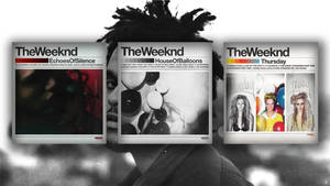 三張 The Weeknd 的專輯封面，風格化為報紙剪報，覆蓋在模糊的肖像上。