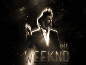The Weeknd 在舞台上表演，帶有發光的背光效果和黑暗紋理背景。