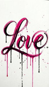 白色背景上滴落油漆的粗體粉紅色和黑色「Love」文字。