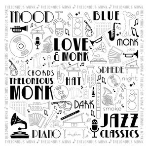 包含樂器和 love、mood、Thelonious Monk 等詞語的爵士音樂拼貼畫。 — 安卓 壁紙