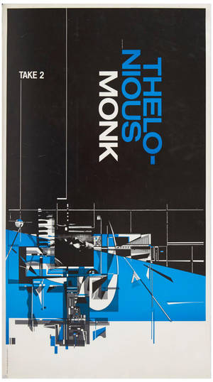 Thelonious Monk 的 Take 2 的抽象幾何海報，帶有大膽的藍色和黑色形狀。 — 雙螢幕桌布 壁紙