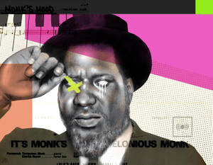 爵士音樂家Thelonious Monk的肖像，眼睛上有黃色十字架和音樂文字元素。 — 電腦 GIF 壁紙