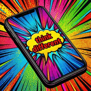 黑色智能手機在漫畫風格的色彩爆炸中顯示「think different」