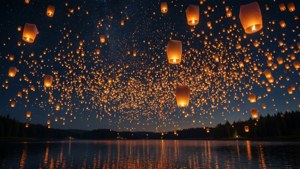 數千盞發光的天空燈籠在夜間漂浮在湖面上，倒映在水中。
