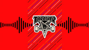 Thrasher雜誌標誌，帶惡魔角的滑板，紅色背景，音頻波形和對角線條。