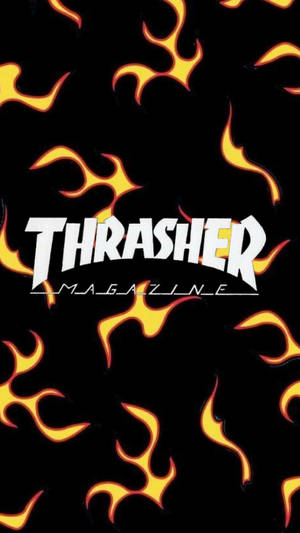 Thrasher 雜誌標誌，帶有橙色火焰設計，背景為黑色。