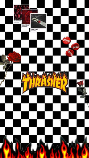 黑白格仔牆紙，帶有火焰Thrasher標誌和紅玫瑰。