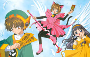 三個穿著魔法服裝的動漫角色帶著羽毛和發光效果飛翔。 — Steam Deck 壁紙