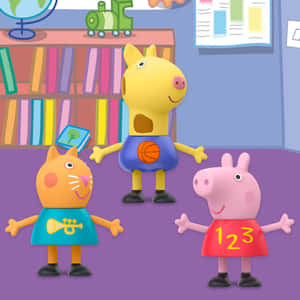 三個卡通動物小孩在一個有書和玩具的教室裡。 — iPad 第9代 壁紙