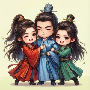 三個穿著色彩繽紛傳統長袍的笑臉Q版角色擁抱在一起。 — Infinix Zero 壁紙