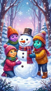 三個孩子在飄雪森林中堆雪人。