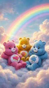 三隻微笑的Care Bears在彩虹下的雲朵上