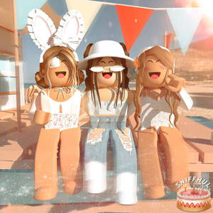 三個微笑的Roblox角色用蛋糕和旗幟慶祝沙灘派對。