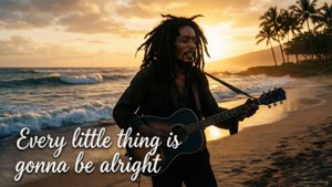 男人在日落時分的沙灘上彈結他，附有文字 every little thing is gonna be alright