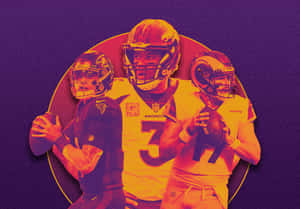 三名NFL四分衛戴著頭盔和球隊球衣，在發光的圓圈下擺出動作姿勢。
