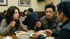 三人在餐廳桌上一起享用中式美食。