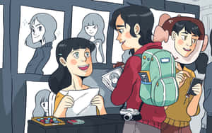 動漫角色在漫畫展攤位前，展示素描和商品。 — Steam Deck 壁紙