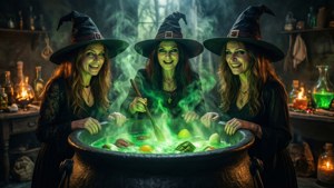 三位女巫在蠟燭和瓶子環繞的大鍋中攪拌發光的綠色藥水。