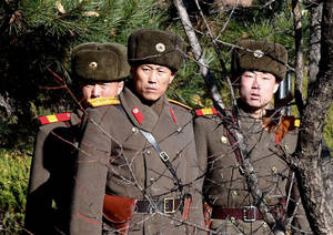 三名身穿制服的北韓士兵冬天站在松樹林中。