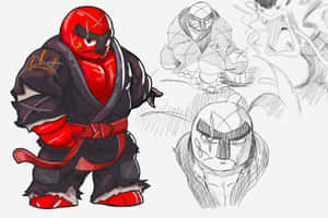 動漫角色設計圖，包含一位戴紅色面具的戰士和鉛筆草圖。
