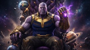 Thanos 坐在破碎的王座上，被爆炸的行星和宇宙碎片包圍。