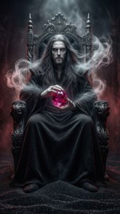 一位身穿深色長袍、長白髮的巫師手持發光的粉紅色水晶，坐在華麗的王座上，被旋轉的煙霧包圍。