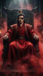 一位被蒙住眼睛的國王身著紅色長袍，坐在黑暗的王座上，被紅色煙霧包圍。