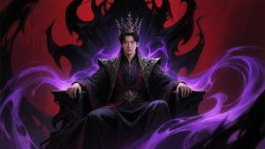 一位身穿深色長袍、頭戴尖刺王冠的國王坐在王座上，周圍環繞著紫色能量和黑色翅膀，背景為紅色。