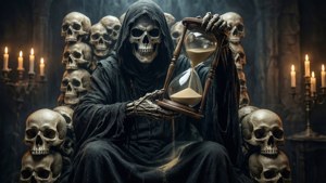 穿著深色長袍的骷髏人物在燭光照亮的石室中手持沙漏，周圍環繞著頭骨