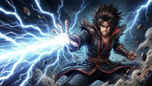 動漫戰士以強烈的表情引導電閃電。