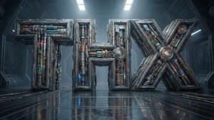 未來科幻走廊中發光燈光下的巨型機械THX字母。