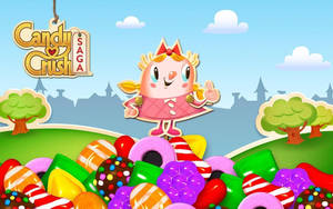 卡通公主在帶有Candy Crush標誌的糖果堆上豎起大拇指。