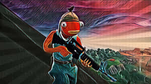 在色彩繽紛的天空下，一條橙色魚士兵在風格化的景觀中手持步槍。