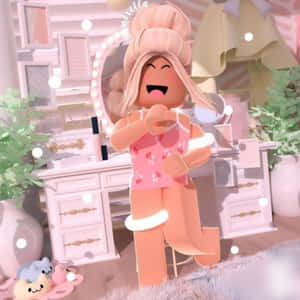 一個微笑的Roblox頭像，穿著粉紅色服裝，在粉紅色化妝間裡擺姿勢。