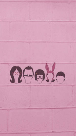 粉紅磚牆上的五個 Bob's Burgers 卡通頭像。 — 妖精垃圾搖滾 壁紙