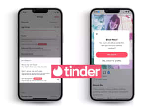兩部手機顯示Tinder應用程式設定和封鎖確認彈出視窗。