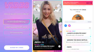 約會應用程式畫面，包含用戶個人資料和氛圍問題。