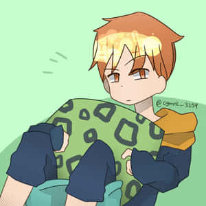 橙色頭髮的動漫男孩，穿著綠色連帽衫，弓著背坐著，看起來很疲倦。 — 暴力傳奇 壁紙