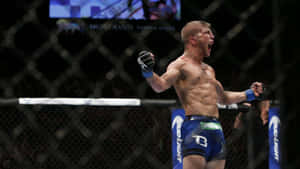 一位勝利的MMA鬥士在八角籠內高舉拳頭慶祝。