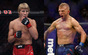 兩名身穿UFC裝備的男性MMA拳手在八角籠內，一人專注，另一人慶祝。