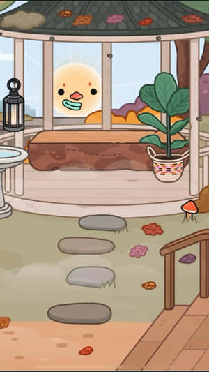 一個卡通太陽在涼亭後面微笑，旁邊有石徑和秋葉。 — 遊戲 壁紙