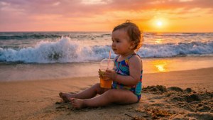 穿著泳衣的幼兒在夕陽下坐在沙灘上手持飲品。