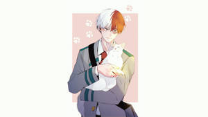 穿著校服的動畫男孩抱著一隻白貓，背景有爪印。
