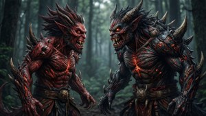 兩個帶有發光眼睛和尖刺盔甲的惡魔怪物在迷霧森林中對峙。 — 幽遊白書 GIF 壁紙