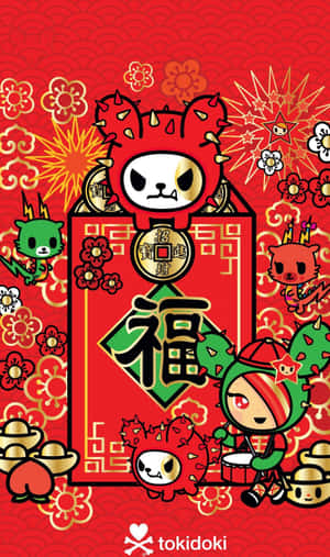 色彩繽紛的卡通角色以紅色和金色裝飾慶祝農曆新年。